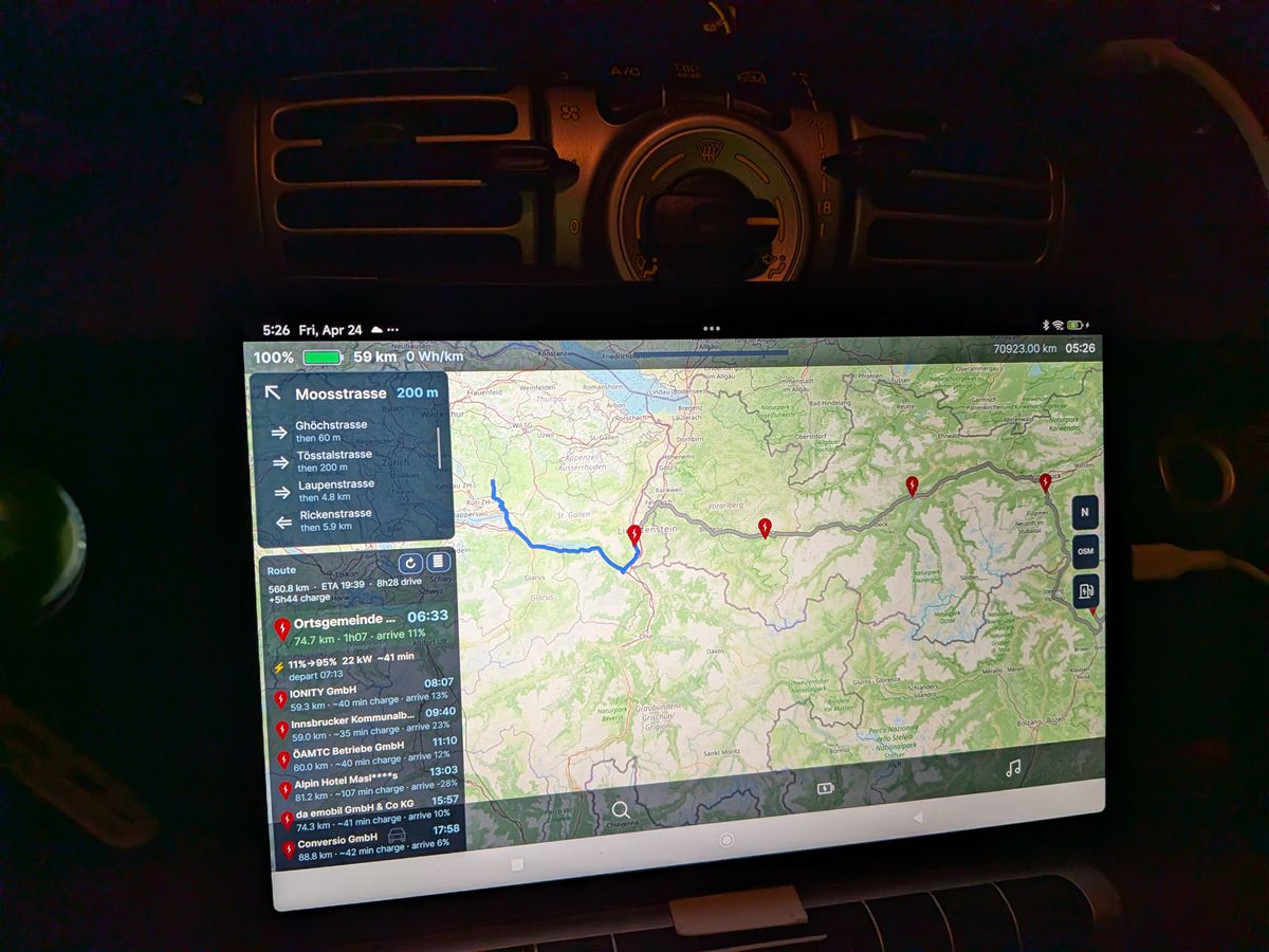 evOS navigation screen showing the full Switzerland to Croatia route at 5:26 AM