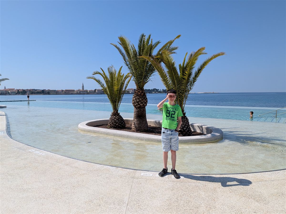 Infinity pool with Poreč old town visible across the water